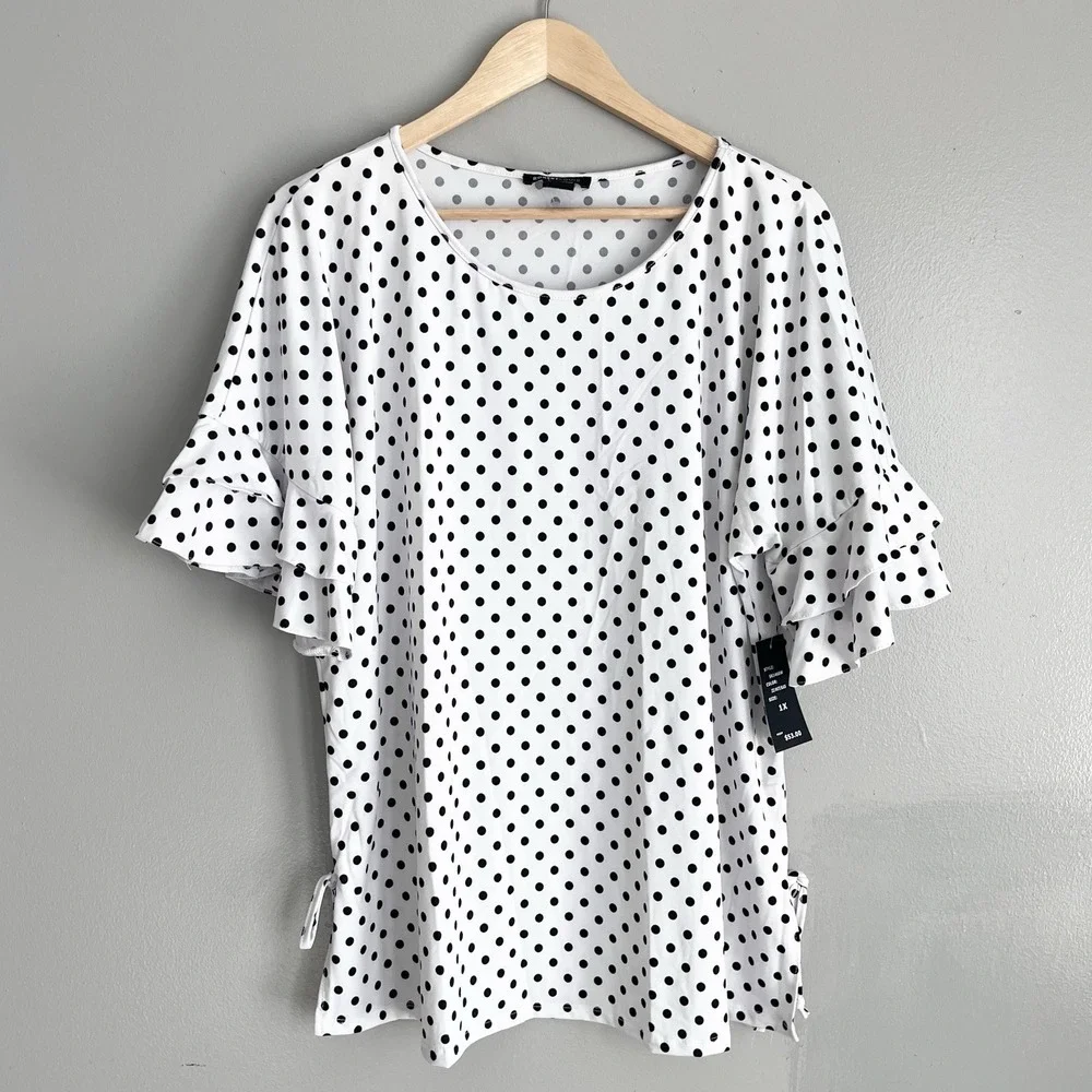 Robert Louis Polka Dot Blouse Top Flutter Sleeves Side Ties White Black 1X NWT